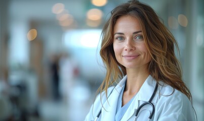 Wall Mural - A female doctor in a white coat, standing in a hospital