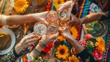 Fototapeta  - Hands of four young people toasting with glasses of tequila over festive table decorated with gerberas and domestic cactuses at party