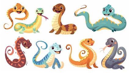 Wall Mural - Modern illustration of a cute and funny cartoon snake character. Set of three reptiles with long tails: python, cobra, and viper. Zoo animal baby kid design. Wild zoology mascot collection.