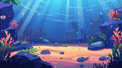 Wall Mural - Ocean floor with tropical plants and light rays. Cartoon modern illustration of ocean floor with corals, seaweed, and stones on sand. Marine landscape with algae.
