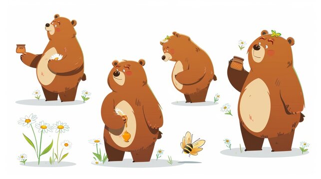 This is a cute bear with brown fluffy fur in different poses. This is a cartoon modern character set with grizzly mascot standing with honey in a pot, with bees, sitting thoughtfully with a small