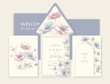 Luxury wedding invitation card background with watercolor Anemone flowers and botanical leaves.