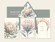 Luxury wedding invitation card background with watercolor Protea flowers and botanical leaves.