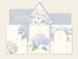 Luxury wedding invitation card background with watercolor Hydrangea flowers and botanical leaves.