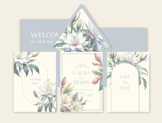 Wall Mural - Luxury wedding invitation card background with watercolor Alstroemeria flowers and botanical leaves.