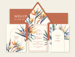 Luxury wedding invitation card background with watercolor Strelitzia flowers and botanical leaves.