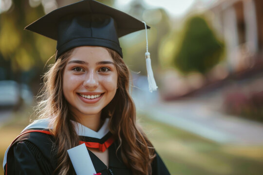 Young woman beams with pride in her graduation cap and gown, holding a diploma, symbolizing accomplishment and the joy of completing her educational journey on a sunny day