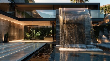 Wall Mural - A sleek home with an entrance that includes a custom-designed water fountain and a glass bridge