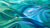 Fototapeta  - This abstract image features a holographic glass morphism design with flowing, wavy shapes in vivid turquoise and blue hues, creating a tranquil, high-tech backdrop or wallpaper