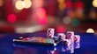 Online casino banner. Smartphone with playing chips on table on blurred neon background with bokeh effect. Internet gambling concept. Banner size, copy space.