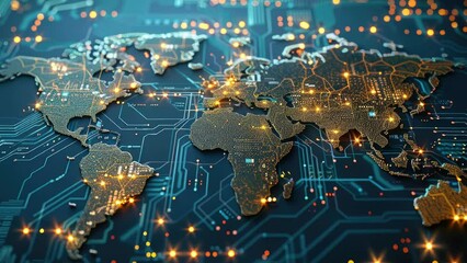Leinwandbilder - World map digital tech circuit board background