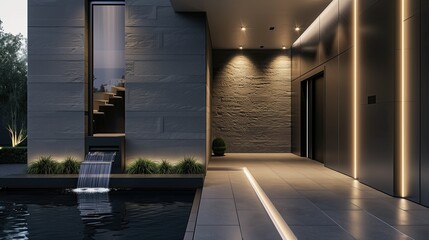 Wall Mural - A sleek modern home entrance with a water feature and recessed lighting