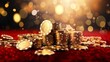 Realistic casino background. Flying chips, gold coins and dice.