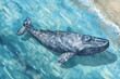 Gray whale depicted in cartoon vector style, gentle giant, shallow coastal background, from above