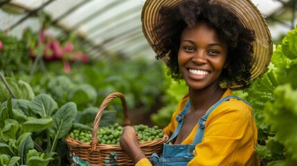 A woman is smiling and holding a basket of vegetables