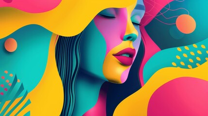 Wall Mural - A colorful painting of a woman with a smile on her face