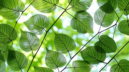 Aufkleber - Detailed close-up of vibrant green leaves on a tree branch, showcasing intricate patterns and textures
