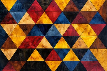 Fototapete - A painting featuring a vibrant array of colorful triangles set against a wooden background