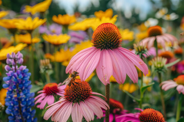 Wall Mural - A vibrant pollinator garden teeming with bees and butterflies on a sunny day. AI generated.