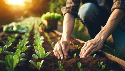 A close-up view of a gardener's hands planting young lettuce plants in rich, dark soil at sunset.