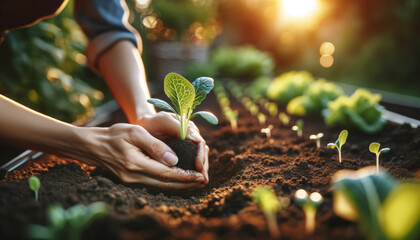 Wall Mural - Focused close-up of a person's hands carefully planting a small vegetable seedling in fertile soil.