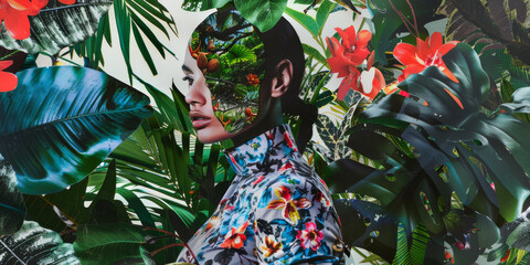 Wall Mural - Tropical Beauty Woman Merged with Lush Jungle Flora