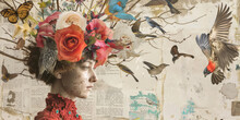 Surreal Portrait Of Woman With Floral And Avian Elements On Newspaper Background