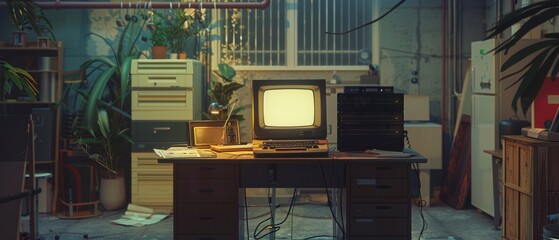 Wall Mural - an empty workplace in a retro garage with random appliances. the first office of a successful comput