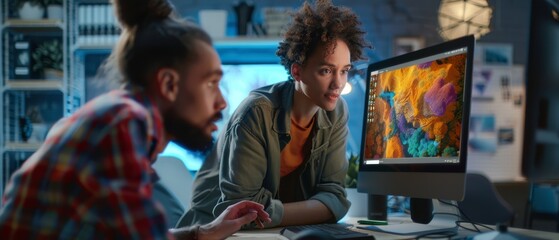 Using desktop computer with 3D modelling software and talking to black female project manager in an office within the gaming development studio. Colleagues discussing a new role-playing game.