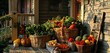 Baskets overflowing with freshly picked vegetables displayed on the porch of a house.