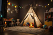 interior of a children's playroom with a tent, lamps and toys in dark