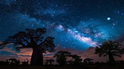 Wall Mural - starlit sky over exotic baobab trees - mysterious night view