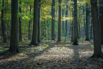 Wall Mural - Serene Forest Landscape with Sunlit Trees and Clear Skies