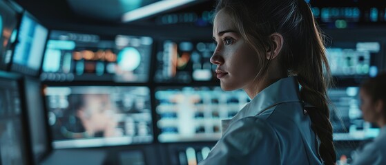 Poster - Engineer Controller Observes the System in the Background. In the Background, People Work and Monitors Display Information.