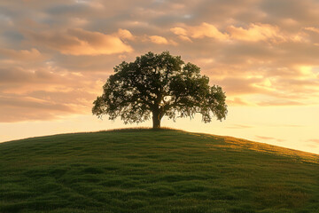 Poster - Lone Oak Tree on Hill Silhouetted Against Sunset Sky