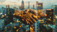Image Capturing A Handshake With A Warm Sunset Over A City Skyline, Symbolizing Successful Urban Partnerships