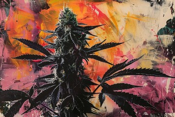 Leinwandbilder - Marijuana Plant Painting on Pink and Yellow Background