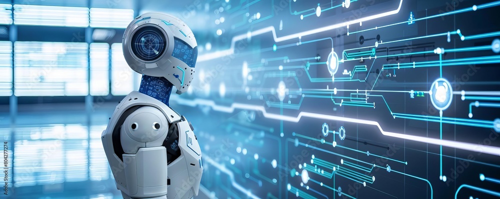The robot is standing in front of a large screen with a circuit board ...