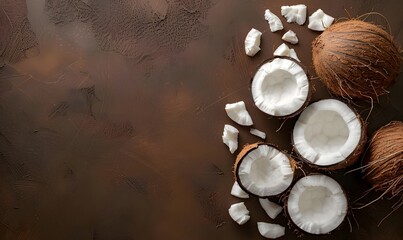 Wall Mural - Top view of coconut with coconut pieces on a brown background, Generative AI 