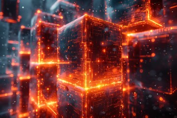 Canvas Print - A captivating image of a red illuminated cube in a cybernetic space represents innovation and digital advance