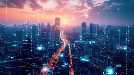 Canvas Print - Smart city with connecting network and internet of things digital graphics over the skyline AIG41