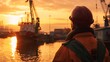 A tranquil moment amidst the bustling port, with a lone dockworker taking a moment to admire the sunrise over the harbor