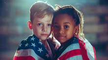 Two Small Children, A Blond Boy And A Small African-American Woman, Under The National Flag Of America. The Concept Of Celebrating Independence Day In America On July 4th.