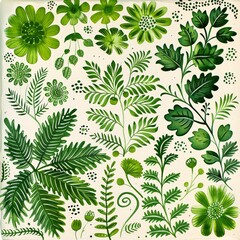 Aufkleber - A collection of green leaves and flowers spread out on a clean white background