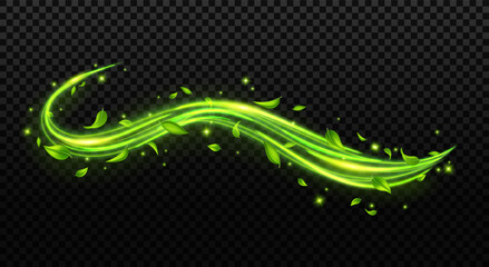 Abstract green spring wind swirls with flying leaves and sparkles with glow neon effect isolated on transparent background.