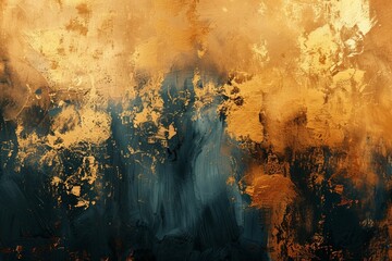 Poster - Abstract painting featuring swirls and geometric shapes in gold and blue hues