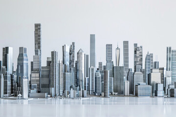 A collection of modern architectural models or miniature skyscrapers made from metal or acrylic, arranged in a grid pattern on a plain surface.