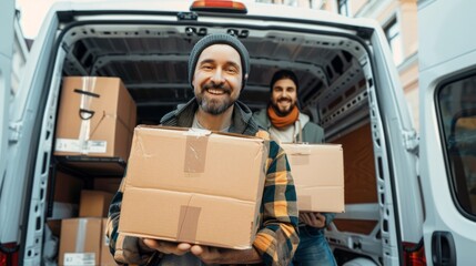 Happy Young Male Movers Holding Cardboard Boxes Standing In Moving Van