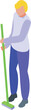 Boy cleaning floor with mop icon isometric vector. Child cleaner. Person mopping