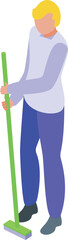 Wall Mural - Boy cleaning floor with mop icon isometric vector. Child cleaner. Person mopping